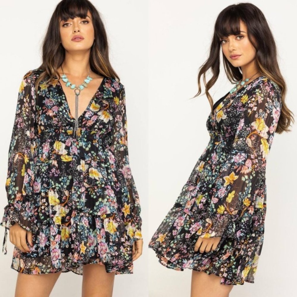 FREE PEOPLE Closer To The Heart Mini Black Floral Boho Dress XS